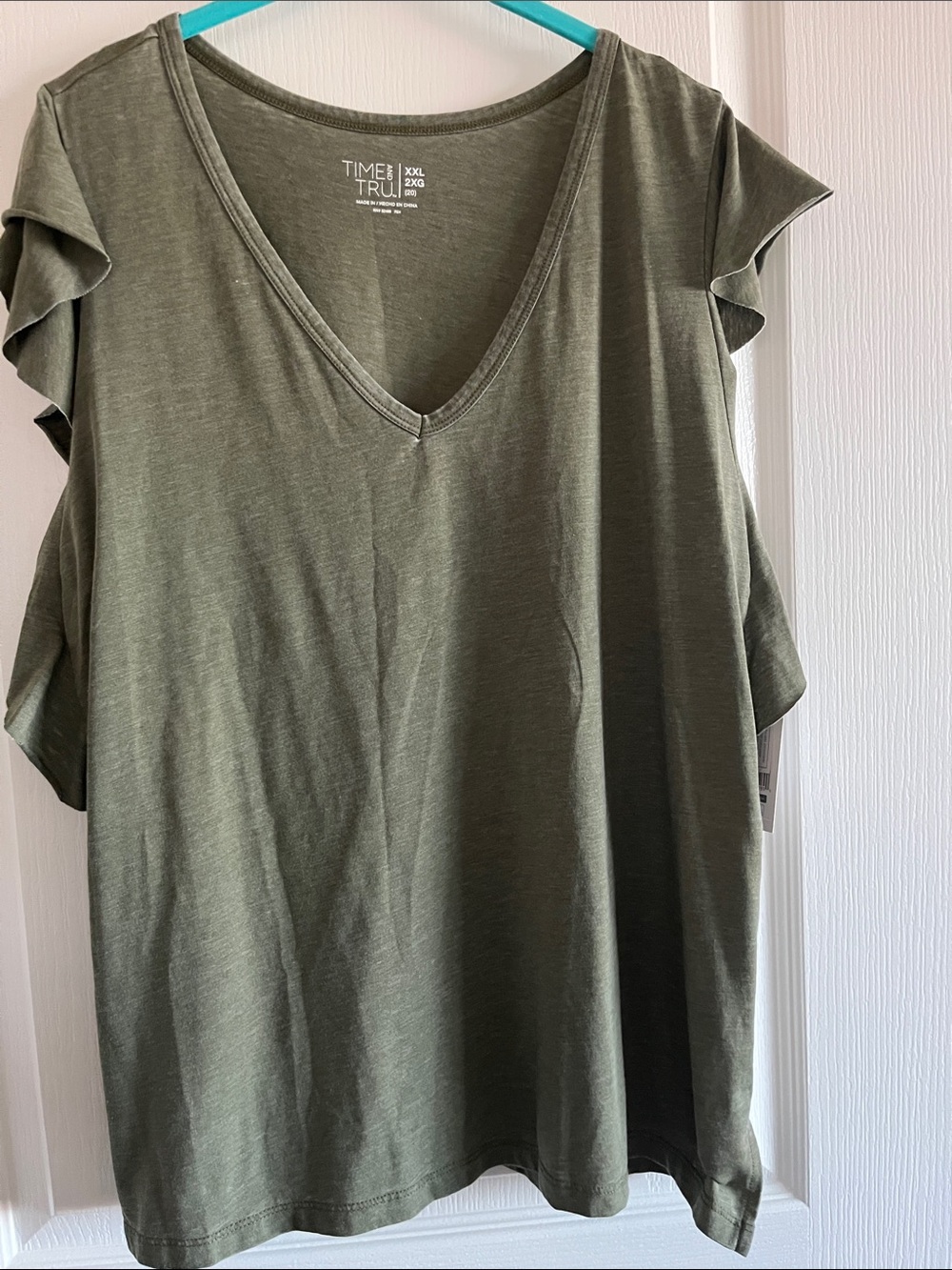 Time and Tru Olive Green V-Neck Short Ruffle Sleeve Top